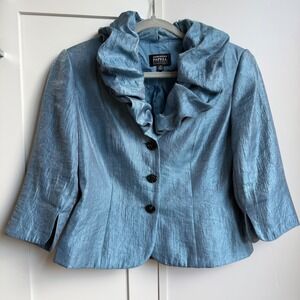 Adrianna Papell Textured Satin Jacket Size 4P Blue Ruffle Collar Formal Evening